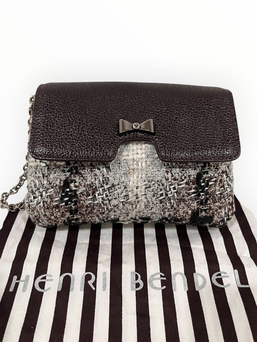 Henri Bendel Tweed and Leather Bow Chain Wristlet Clutch NWOT